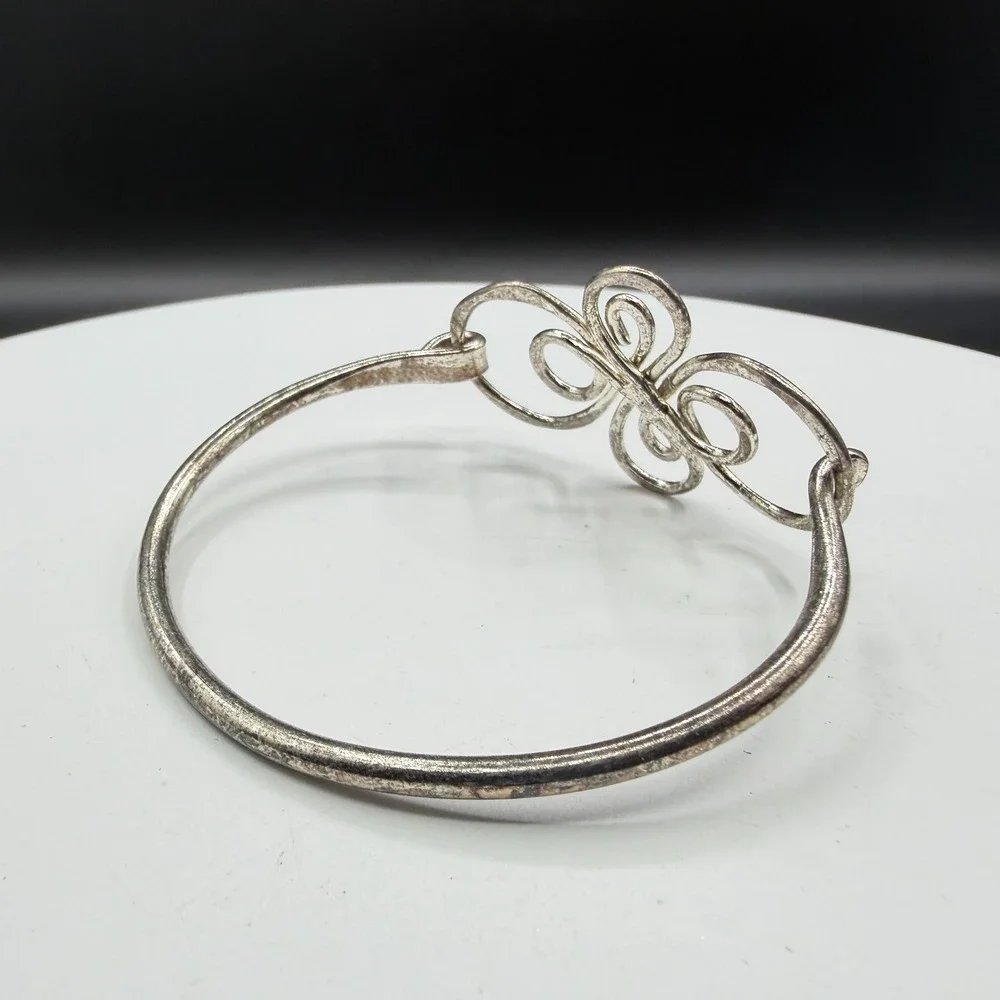 Silver Tone Scrollwork Bangle Bracelet Ornate Wirework Swirl Boho Statement Gift